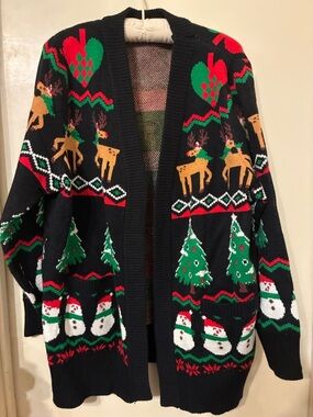 🆕 Black Holiday Open front Cardigan with Reindeer, Trees & Snowmen Unisex size L